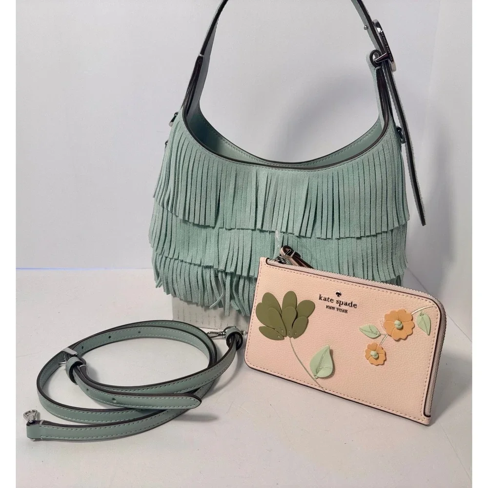 Kate Spade mini suede fringe crossbody & Lucy appliqué floral‎ wristlet